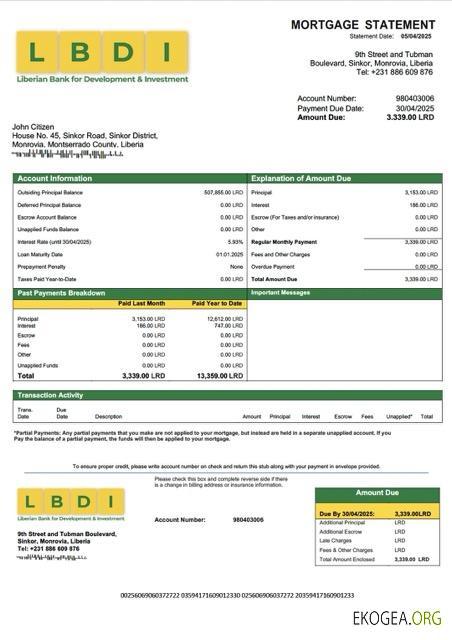 Modèle Word et PDF de relevé hypothécaire de la Banque libérienne pour le développement et l'investissement (LBDI)